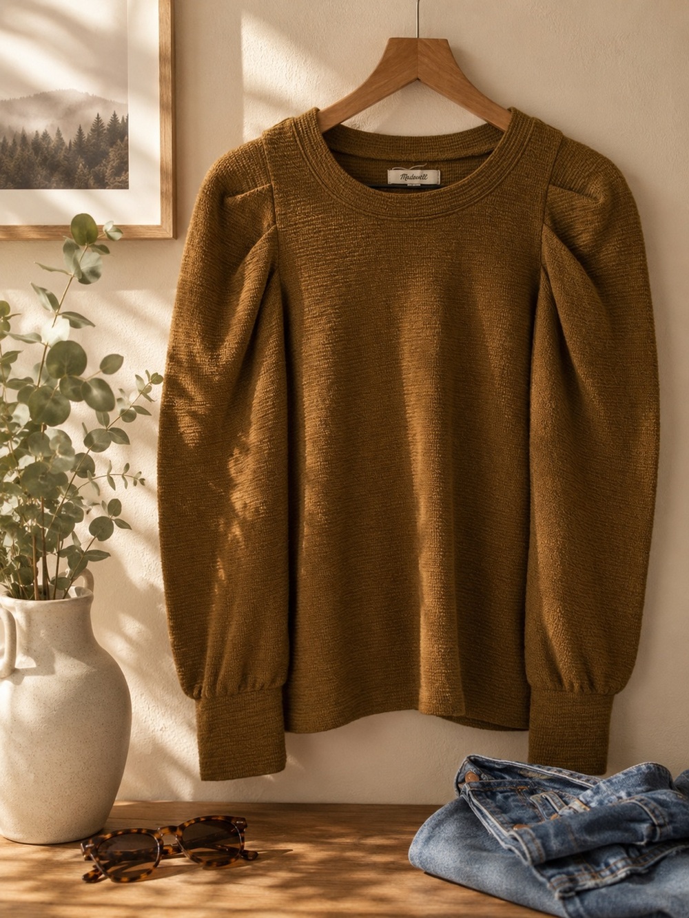 Madewell Olive Green Puff Sleeves Ribbed Knit Top Size M